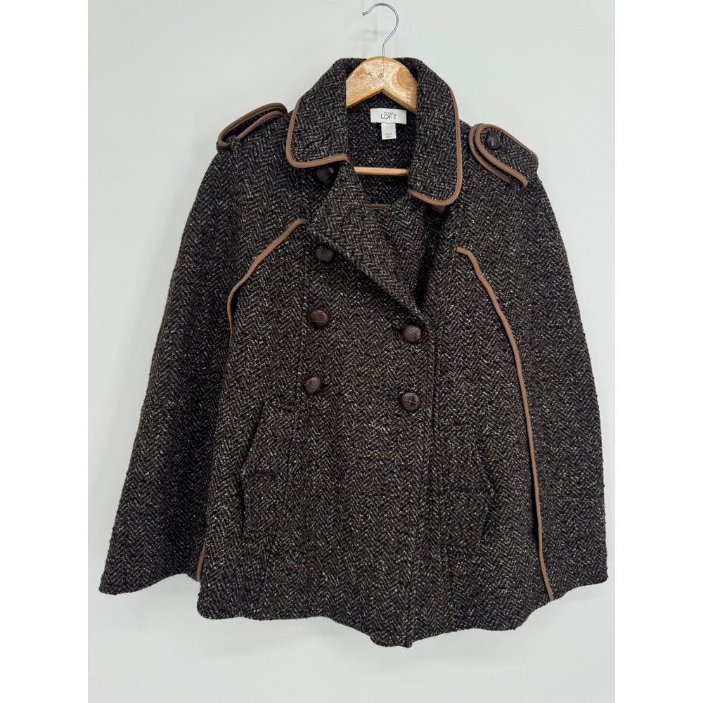 LOFT Herringbone Tweed Cape Coat Women S Wool Office Academia Winter Preppy